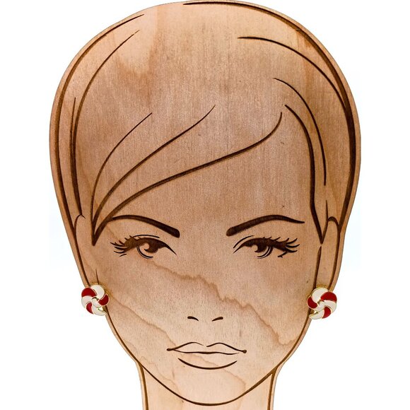 Spiral Shell Enamel Stud Earrings, Vintage Red and White Candy Cane Stripes - Picture 3 of 4